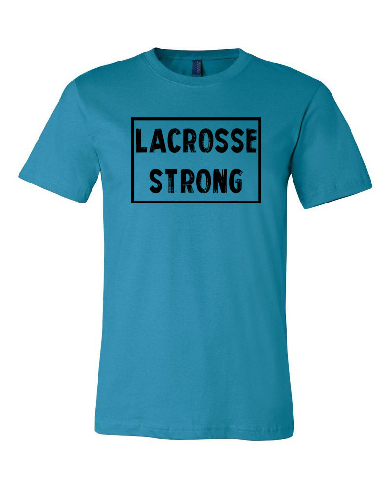 Aqua Lacrosse Strong Adult Lacrosse T-Shirt With Lacrosse Strong Design On Front