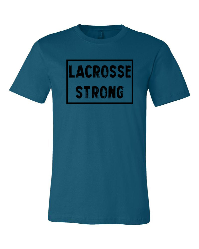 Deep Teal Lacrosse Strong Adult Lacrosse T-Shirt With Lacrosse Strong Design On Front