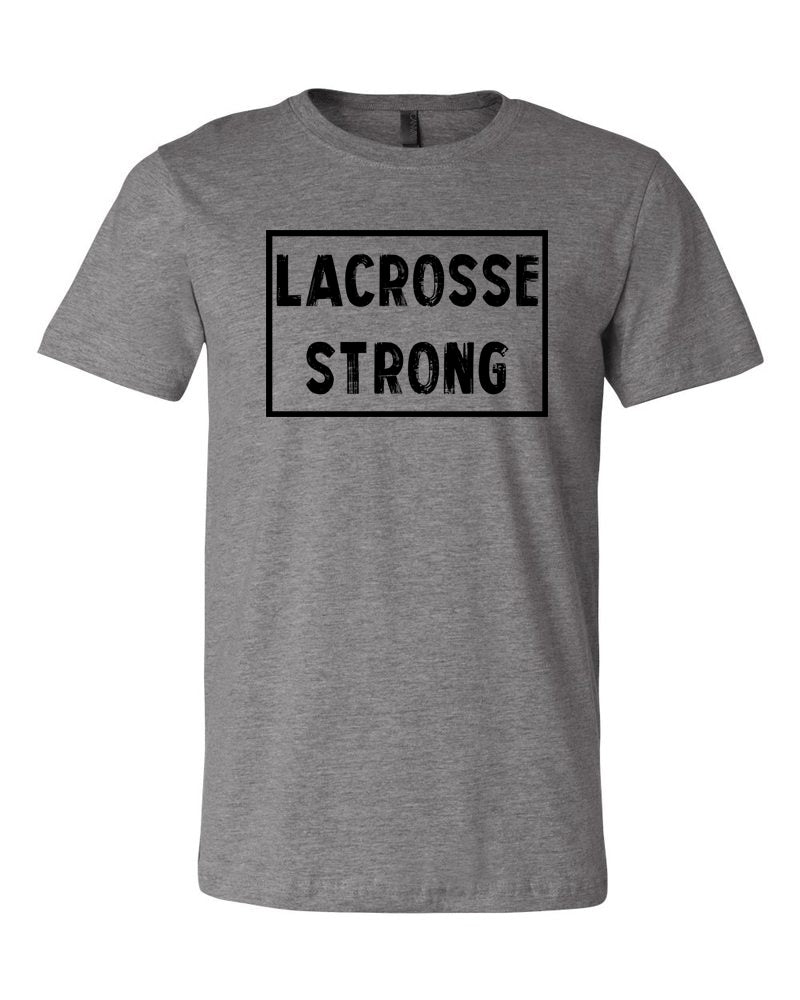 Heather Gray Lacrosse Strong Adult Lacrosse T-Shirt With Lacrosse Strong Design On Front