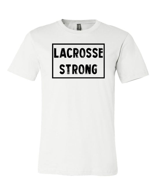 White Lacrosse Strong Adult Lacrosse T-Shirt With Lacrosse Strong Design On Front