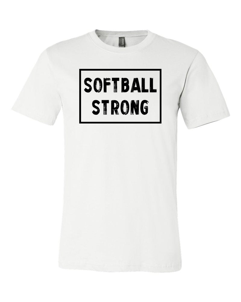 White Softball Strong Adult Softball T-Shirt With Softball Strong Design On Front
