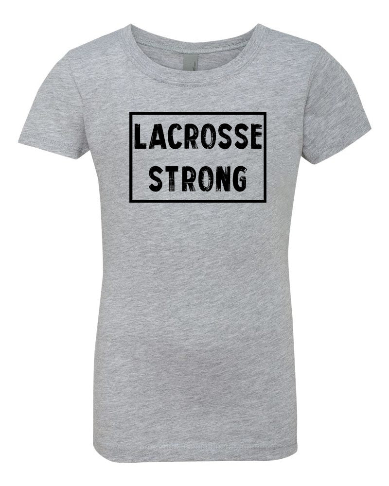 Heather Gray Lacrosse Strong Girls Lacrosse T-Shirt With Lacrosse Strong Design On Front