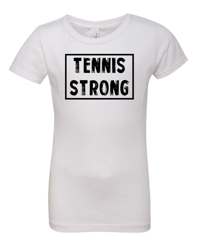 White Tennis Strong Girls Tennis T-Shirt With Tennis Strong Design On Front