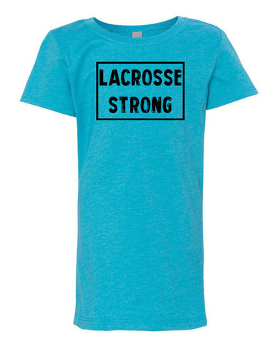 Ocean Blue Lacrosse Strong Girls Lacrosse T-Shirt With Lacrosse Strong Design On Front