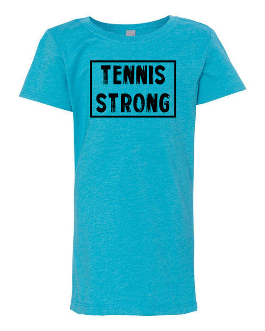 Ocean Blue Tennis Strong Girls Tennis T-Shirt With Tennis Strong Design On Front
