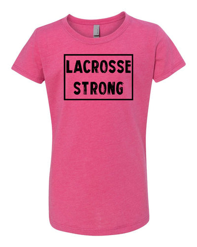 Raspberry Lacrosse Strong Girls Lacrosse T-Shirt With Lacrosse Strong Design On Front