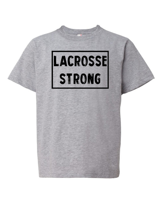 Heather Gray Lacrosse Strong Kids Lacrosse T-Shirt With Lacrosse Strong Design On Front