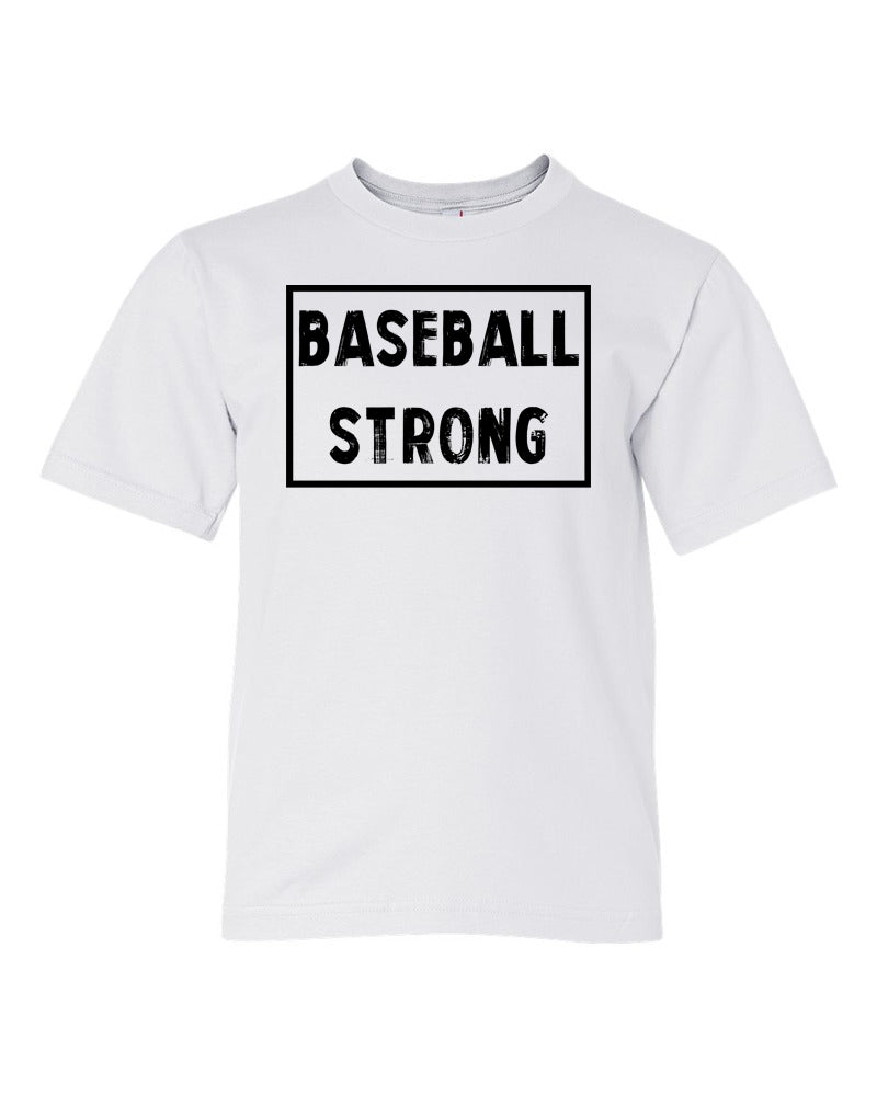 White Blue Baseball Strong Boys Baseball T-Shirt With Baseball Strong Design On Front