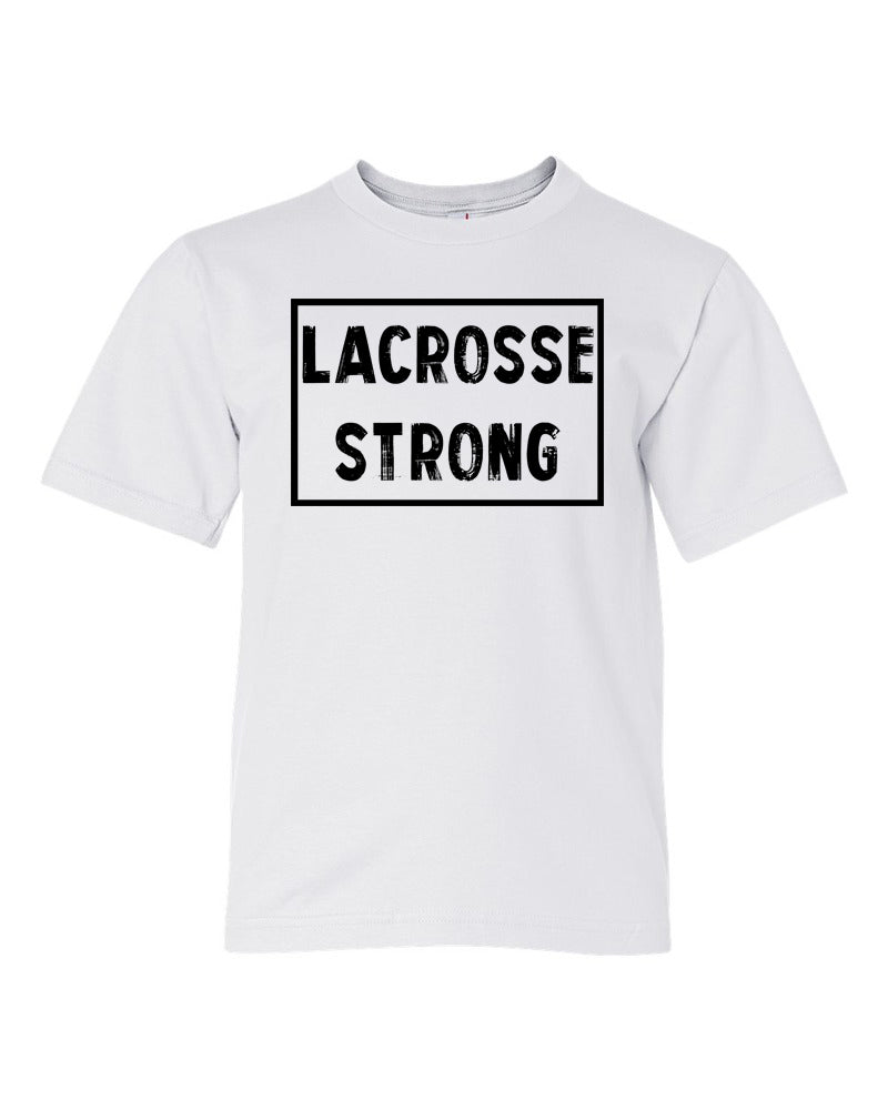 White Lacrosse Strong Kids Lacrosse T-Shirt With Lacrosse Strong Design On Front