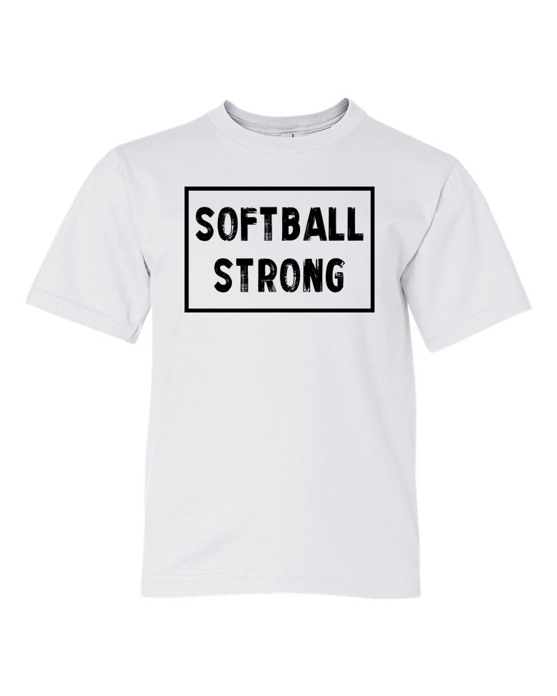 White Softball Strong Kids Softball T-Shirt With Softball Strong Design On Front