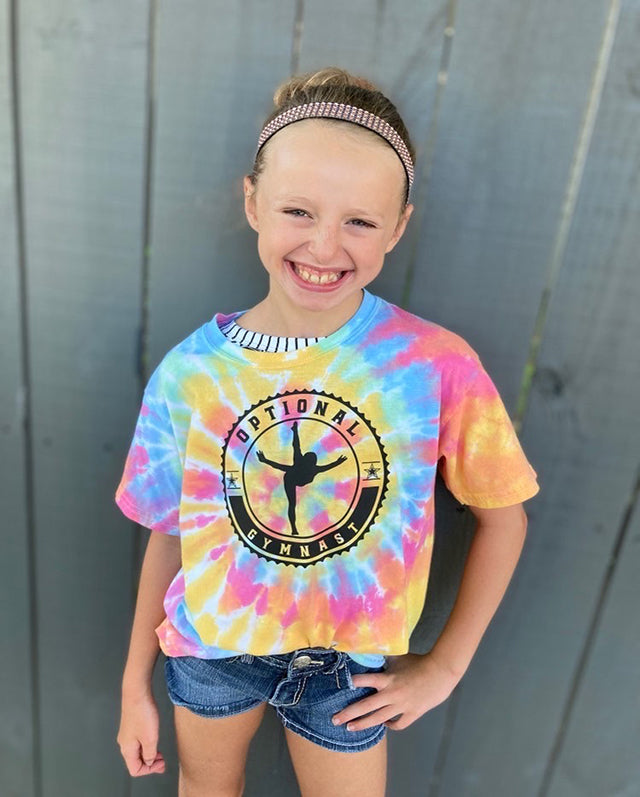 Girl Wearing Optional Gymnast Youth Tie Dye T-Shirt Aerial