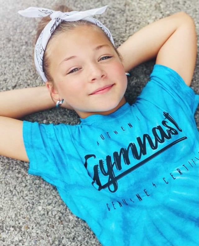 Girl Wearing Authentic Gymnast Youth Tie Dye T-Shirt Turquoise