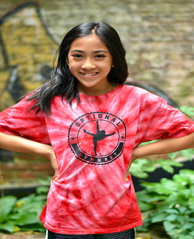 Girl Wearing Optional Gymnast Youth Tie Dye T-Shirt Red