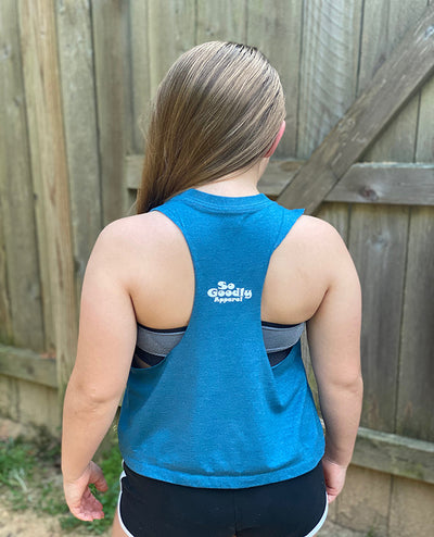 Girl Wearing Bold Strong Proud Crop Top Heather Teal Showing Back