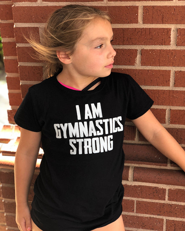 Girl Wearing I Am Gymnastics Strong Girls T-Shirt Black