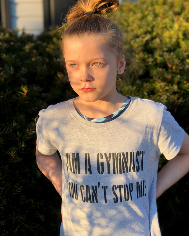 Girl Wearing I Am A Gymnast You Can't Stop Me Girls T-Shirt Heather Gray