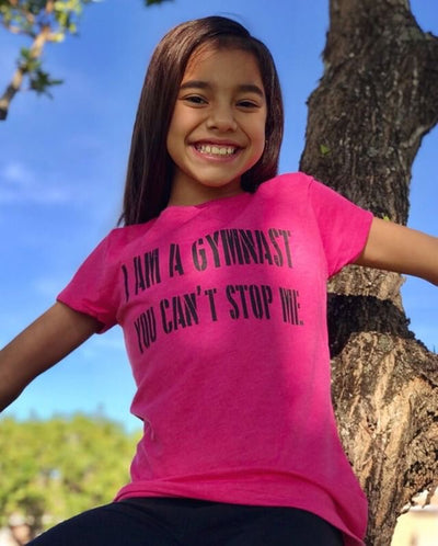 Girl Wearing I Am A Gymnast You Can't Stop Me Girls T-Shirt Raspberry