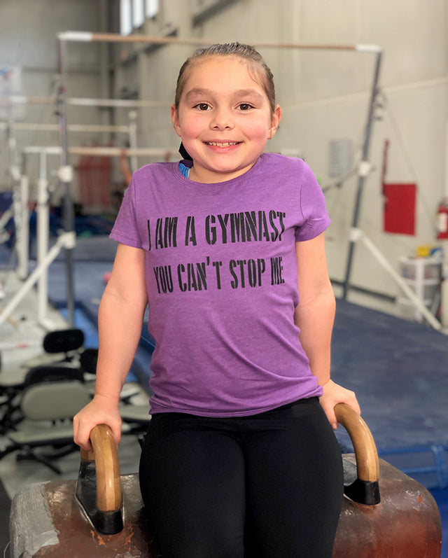Girl Wearing I Am A Gymnast You Can't Stop Me Girls T-Shirt Purple Berry