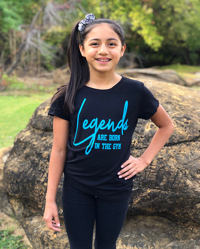 Girl Wearing Legends Are Born In The Gym Girls T-Shirt With Leggings