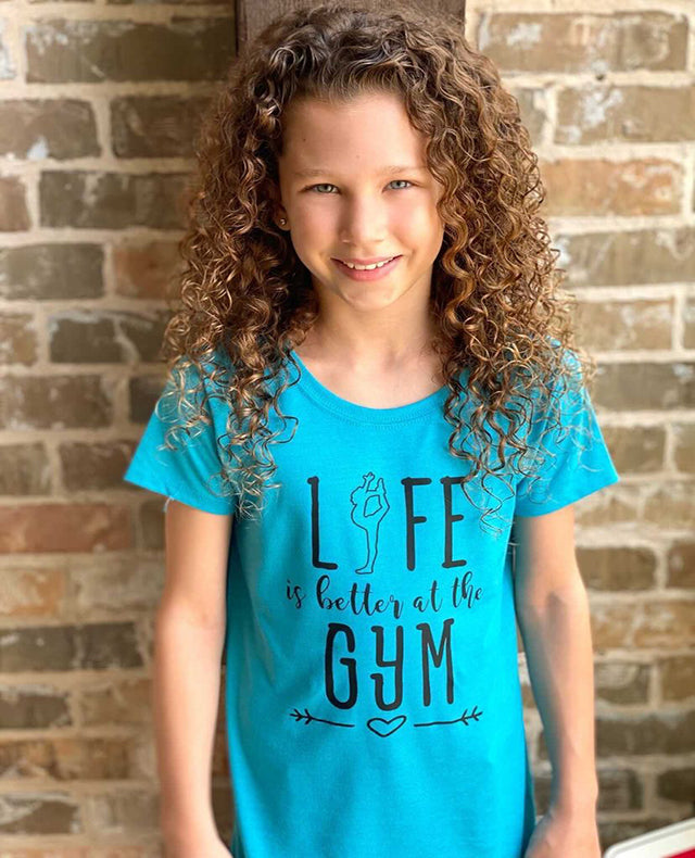 Girl Wearing Life Is Better At The Gym Girls T-Shirt Ocean Blue