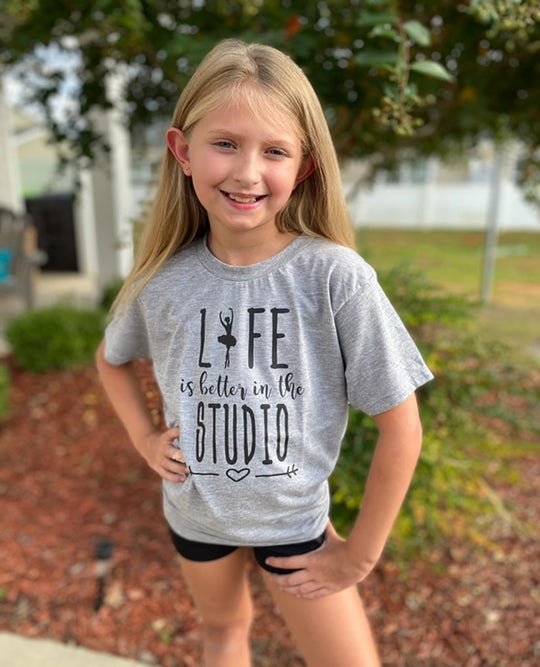 Girl Wearing Life Is Better In The Studio Youth T-Shirt Heather Gray