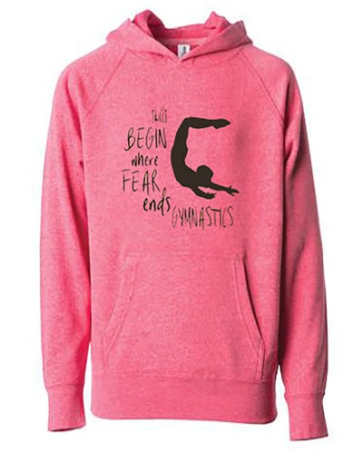 Skills Begin Where Fear Ends Gymnastics Youth Hoodie Pomegranate